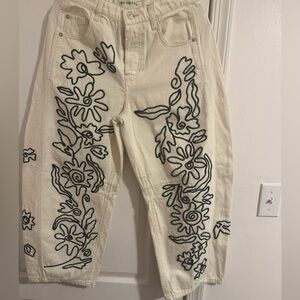 We The Free Cream and blue Soutache Barrel Jeans